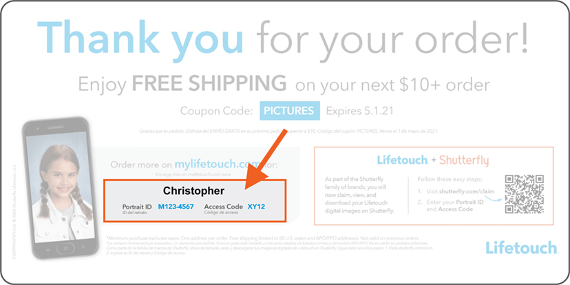 Lifetouch package insert, showing Portrait ID and Access Code location